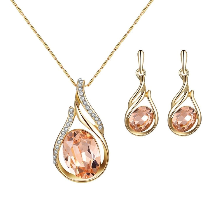 Women Rhinestone Oval Faux Quartz Pendant Ear Stud Earrings Necklace Jewelry Set Image 3