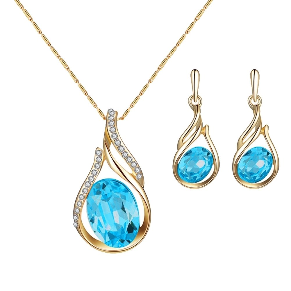 Women Rhinestone Oval Faux Quartz Pendant Ear Stud Earrings Necklace Jewelry Set Image 1