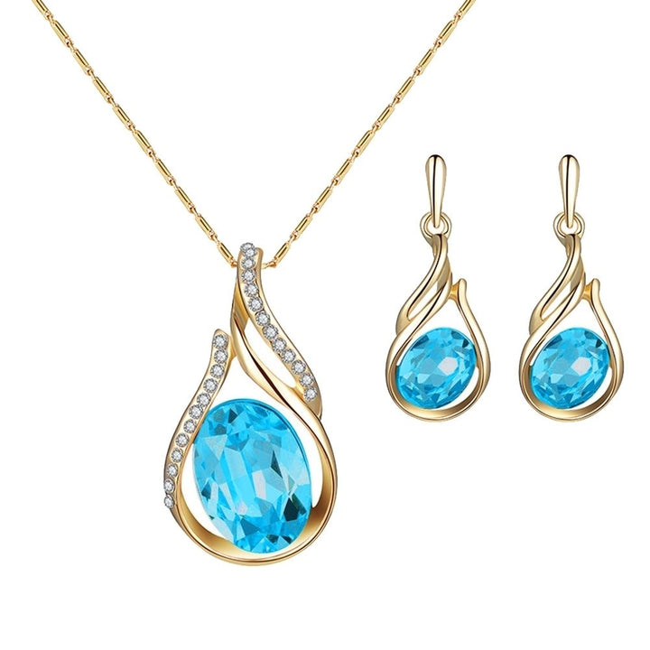 Women Rhinestone Oval Faux Quartz Pendant Ear Stud Earrings Necklace Jewelry Set Image 1