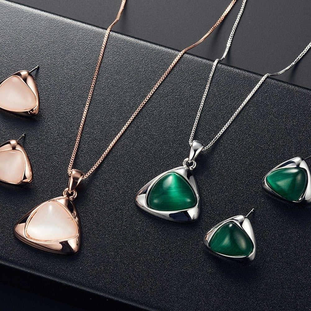 Women Faux Gemstone Triangular Pendant Necklace Ear Stud Earrings Jewelry Set Image 3