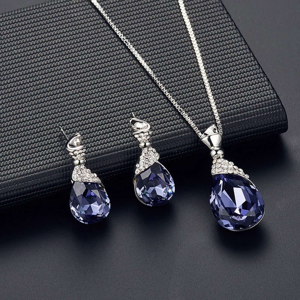 Women Water Drop Shape Rhinestone Pendant Ear Stud Earrings Necklace Jewelry Set Image 3