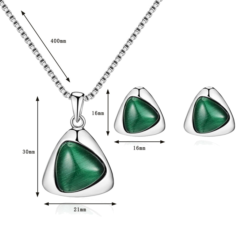 Women Faux Gemstone Triangular Pendant Necklace Ear Stud Earrings Jewelry Set Image 9