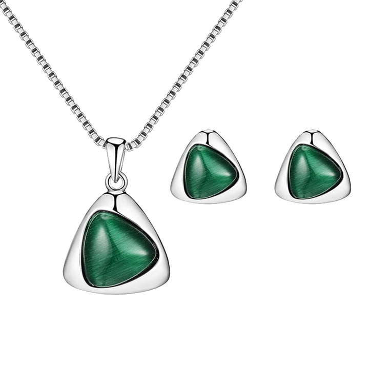 Women Faux Gemstone Triangular Pendant Necklace Ear Stud Earrings Jewelry Set Image 10