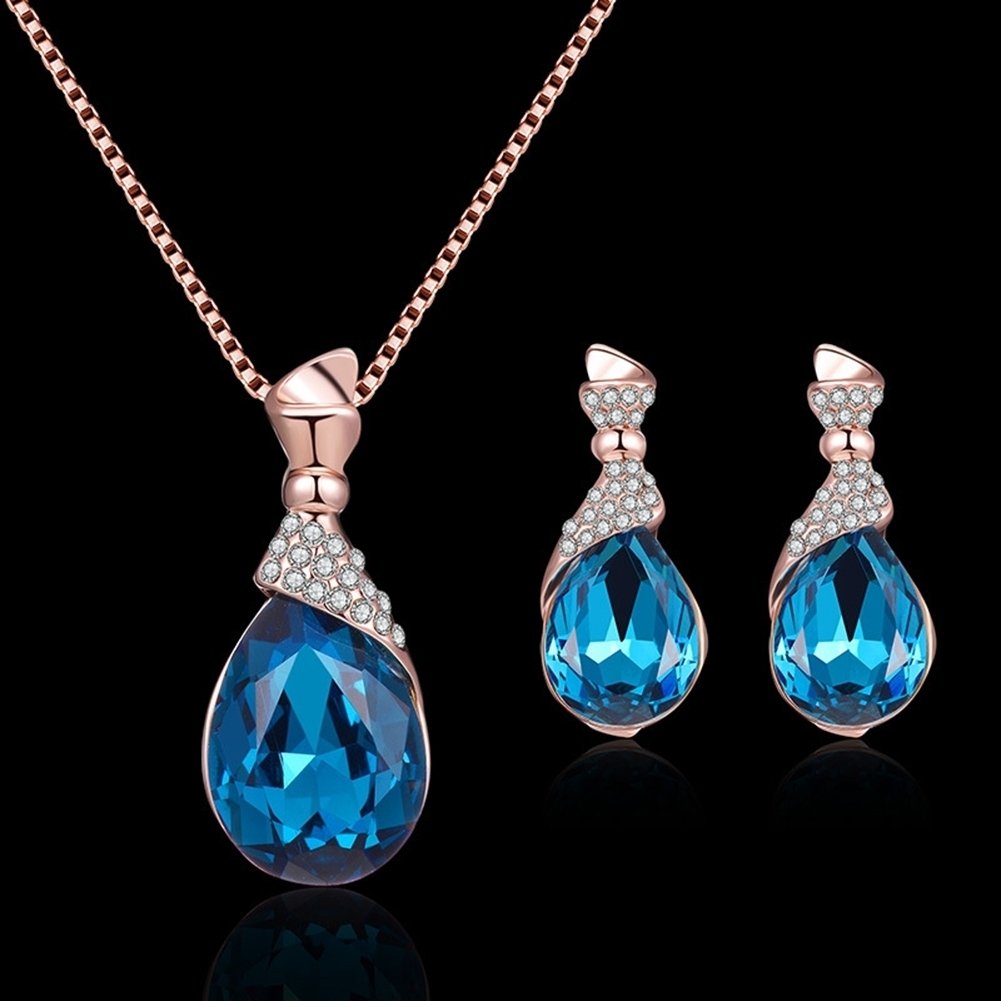 Women Water Drop Shape Rhinestone Pendant Ear Stud Earrings Necklace Jewelry Set Image 8