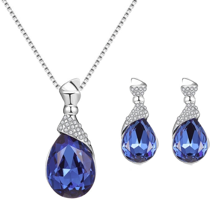 Women Water Drop Shape Rhinestone Pendant Ear Stud Earrings Necklace Jewelry Set Image 11