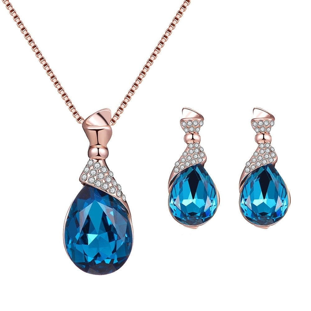 Women Water Drop Shape Rhinestone Pendant Ear Stud Earrings Necklace Jewelry Set Image 1