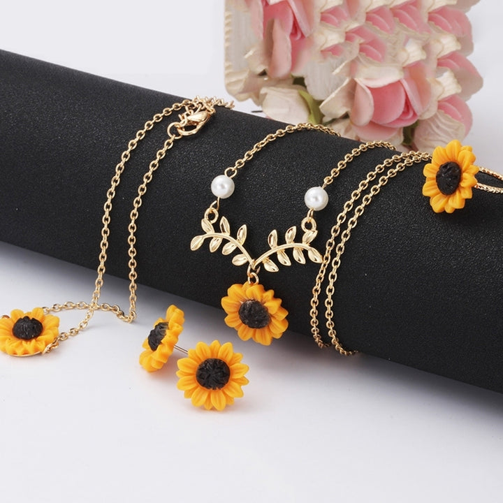 3/5Pcs Lady Sunflower Leaf Faux Pearl Charm Necklace Earrings Bracelet Ring Set Image 3