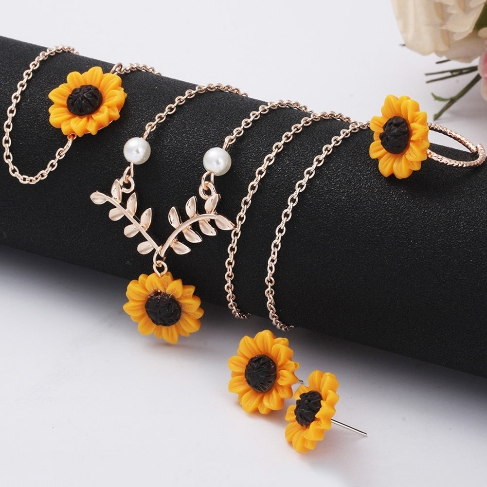 3/5Pcs Lady Sunflower Leaf Faux Pearl Charm Necklace Earrings Bracelet Ring Set Image 4
