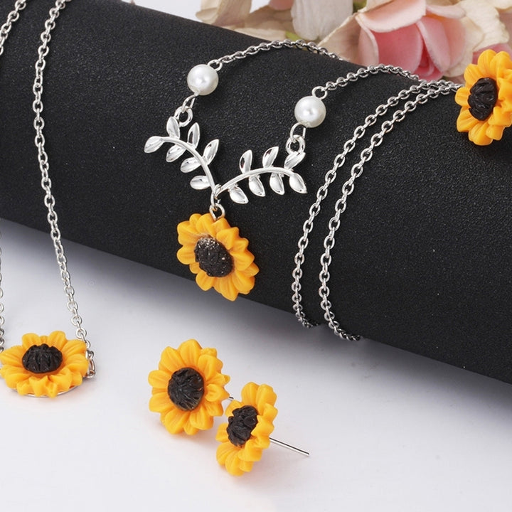 3/5Pcs Lady Sunflower Leaf Faux Pearl Charm Necklace Earrings Bracelet Ring Set Image 4