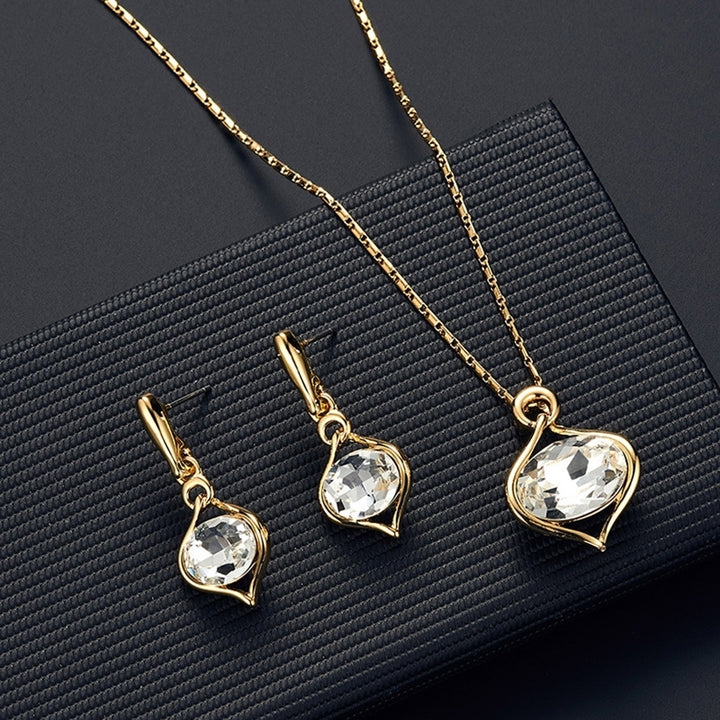 Fashion Women Oval Rhinestone Pendant Necklace Ear Stud Earrings Jewelry Set Image 7