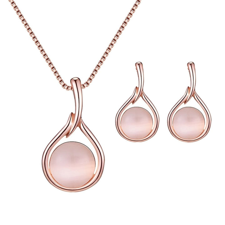 Women Round Shape Faux Opal Pendant Necklace Ear Stud Earrings Jewelry Set Gift Image 1