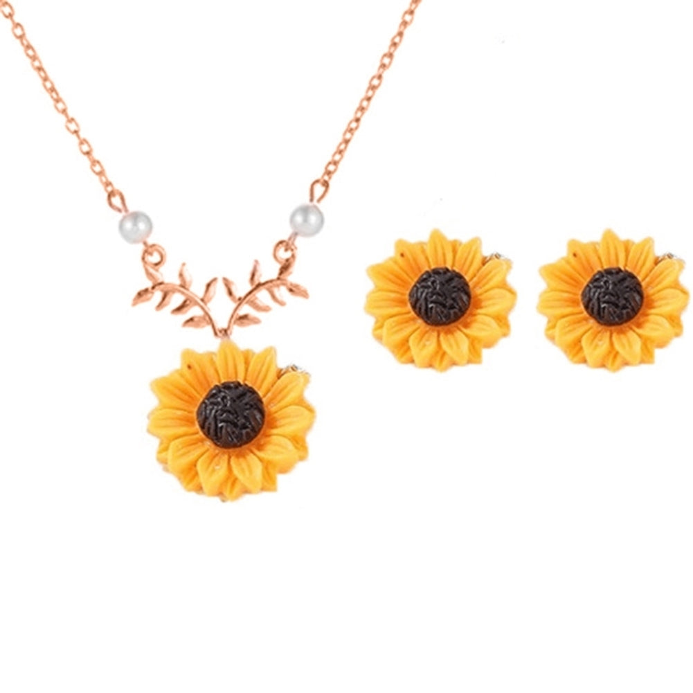3/5Pcs Lady Sunflower Leaf Faux Pearl Charm Necklace Earrings Bracelet Ring Set Image 6