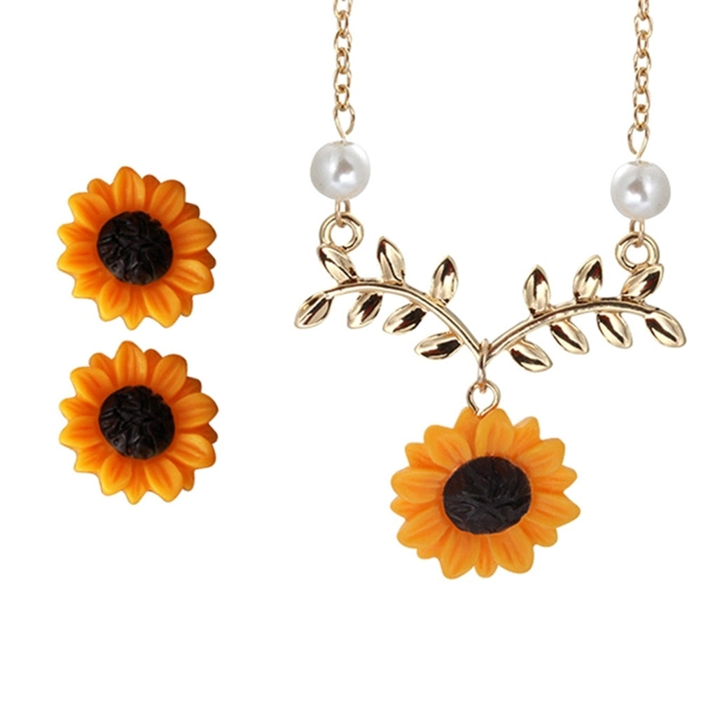 3/5Pcs Lady Sunflower Leaf Faux Pearl Charm Necklace Earrings Bracelet Ring Set Image 7