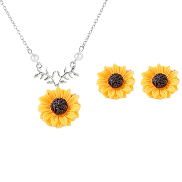 3/5Pcs Lady Sunflower Leaf Faux Pearl Charm Necklace Earrings Bracelet Ring Set Image 8