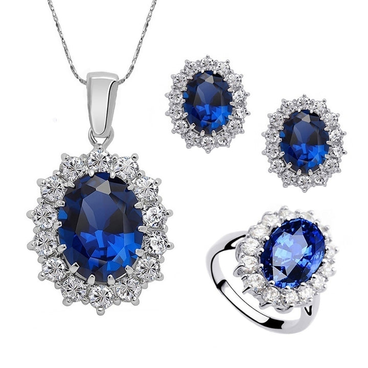 3Pcs Oval Faux Gem Full Rhinestone Charm Earrings Necklace Ring Lady Jewelry Image 6