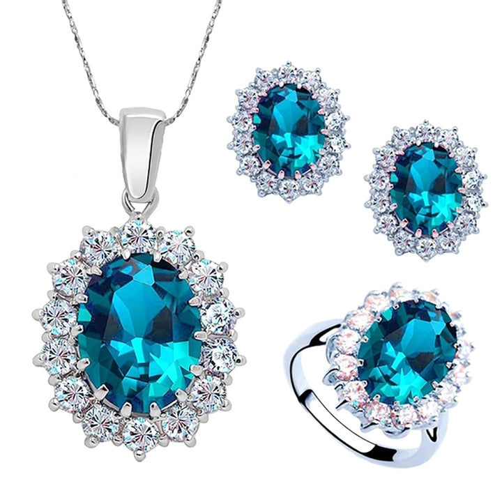 3Pcs Oval Faux Gem Full Rhinestone Charm Earrings Necklace Ring Lady Jewelry Image 7