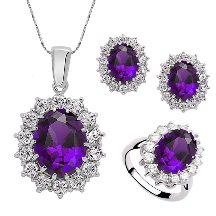 3Pcs Oval Faux Gem Full Rhinestone Charm Earrings Necklace Ring Lady Jewelry Image 1