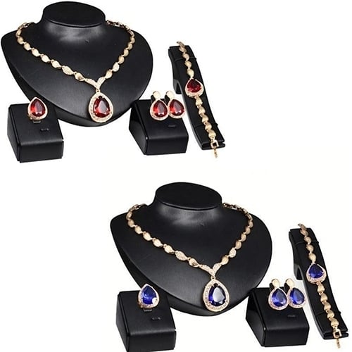 Women Fashion Rhinestone Pendant Necklace Ring Bracelet Earrings Jewelry Set Image 1