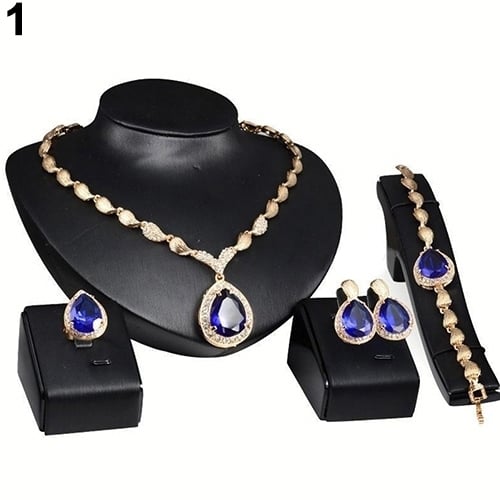 Women Fashion Rhinestone Pendant Necklace Ring Bracelet Earrings Jewelry Set Image 1