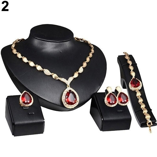 Women Fashion Rhinestone Pendant Necklace Ring Bracelet Earrings Jewelry Set Image 3