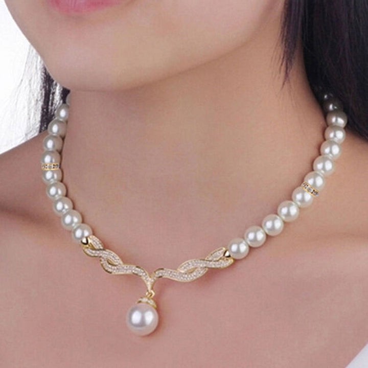 Bridal Women Necklace Faux Pearl Rhinestone Charms Wedding Earrings Jewelry Set Image 2