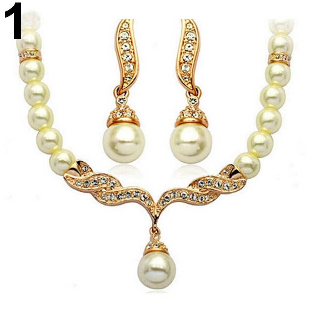 Bridal Women Necklace Faux Pearl Rhinestone Charms Wedding Earrings Jewelry Set Image 4