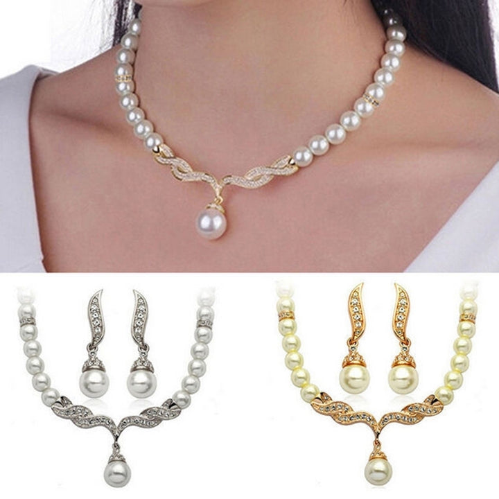 Bridal Women Necklace Faux Pearl Rhinestone Charms Wedding Earrings Jewelry Set Image 7