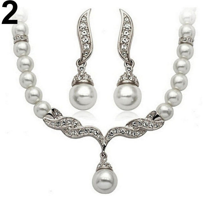 Bridal Women Necklace Faux Pearl Rhinestone Charms Wedding Earrings Jewelry Set Image 8