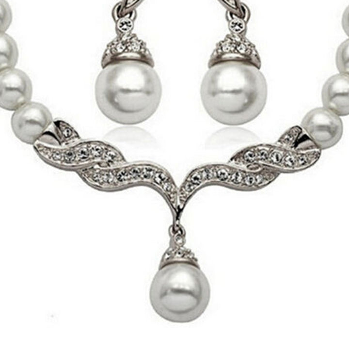 Bridal Women Necklace Faux Pearl Rhinestone Charms Wedding Earrings Jewelry Set Image 10