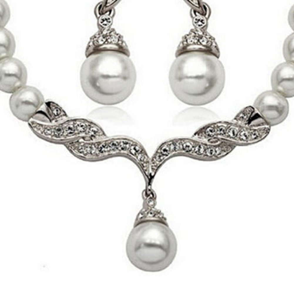 Bridal Women Necklace Faux Pearl Rhinestone Charms Wedding Earrings Jewelry Set Image 1