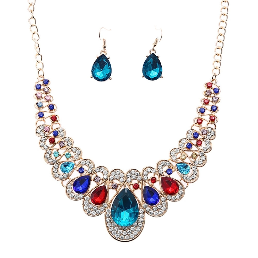 2Pcs Teardrop Rhinestone Statement Bib Necklace Earrings Bridal Jewelry Gift Image 2