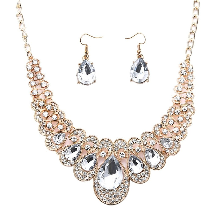 2Pcs Teardrop Rhinestone Statement Bib Necklace Earrings Bridal Jewelry Gift Image 4