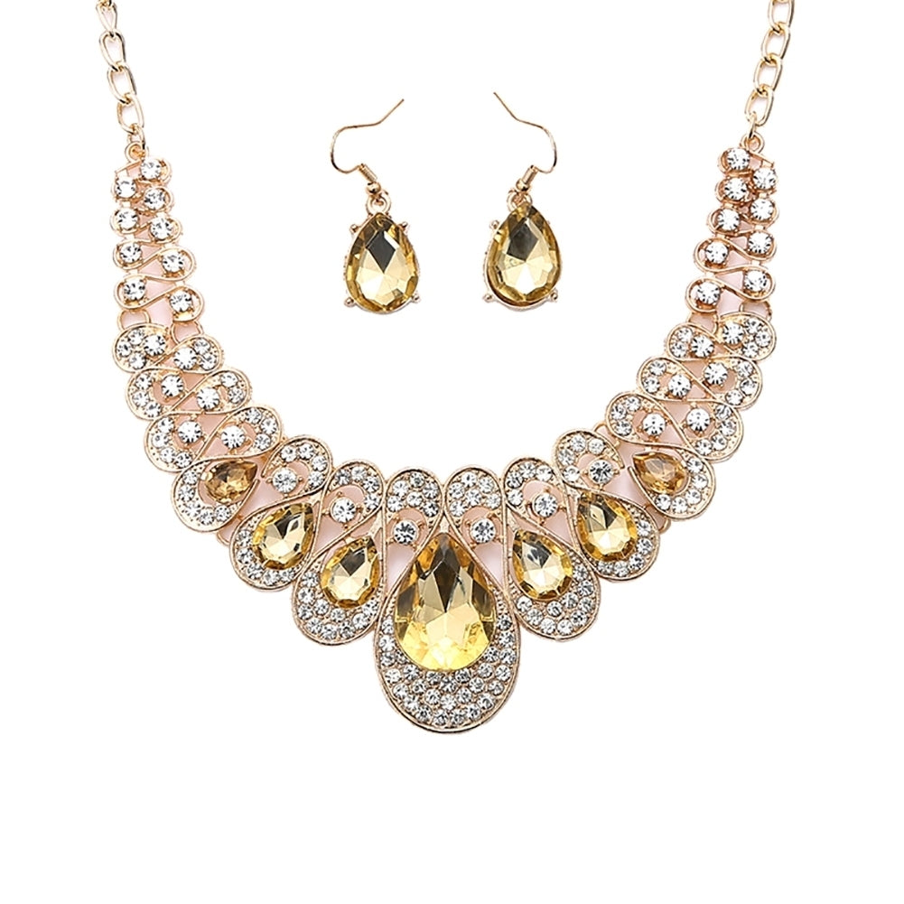 2Pcs Teardrop Rhinestone Statement Bib Necklace Earrings Bridal Jewelry Gift Image 6