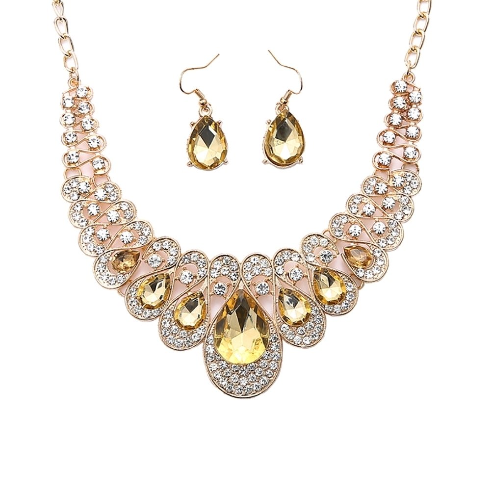 2Pcs Teardrop Rhinestone Statement Bib Necklace Earrings Bridal Jewelry Gift Image 1