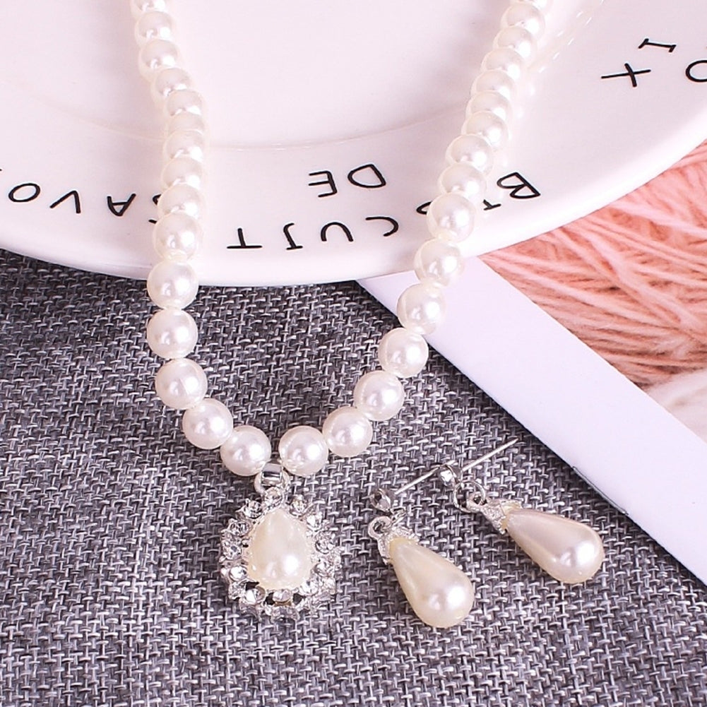 Water Drop Faux Pearl Beaded Rhinestone Bridal Necklace Earrings Jewelry Set Image 3