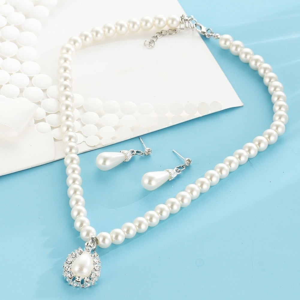 Water Drop Faux Pearl Beaded Rhinestone Bridal Necklace Earrings Jewelry Set Image 4
