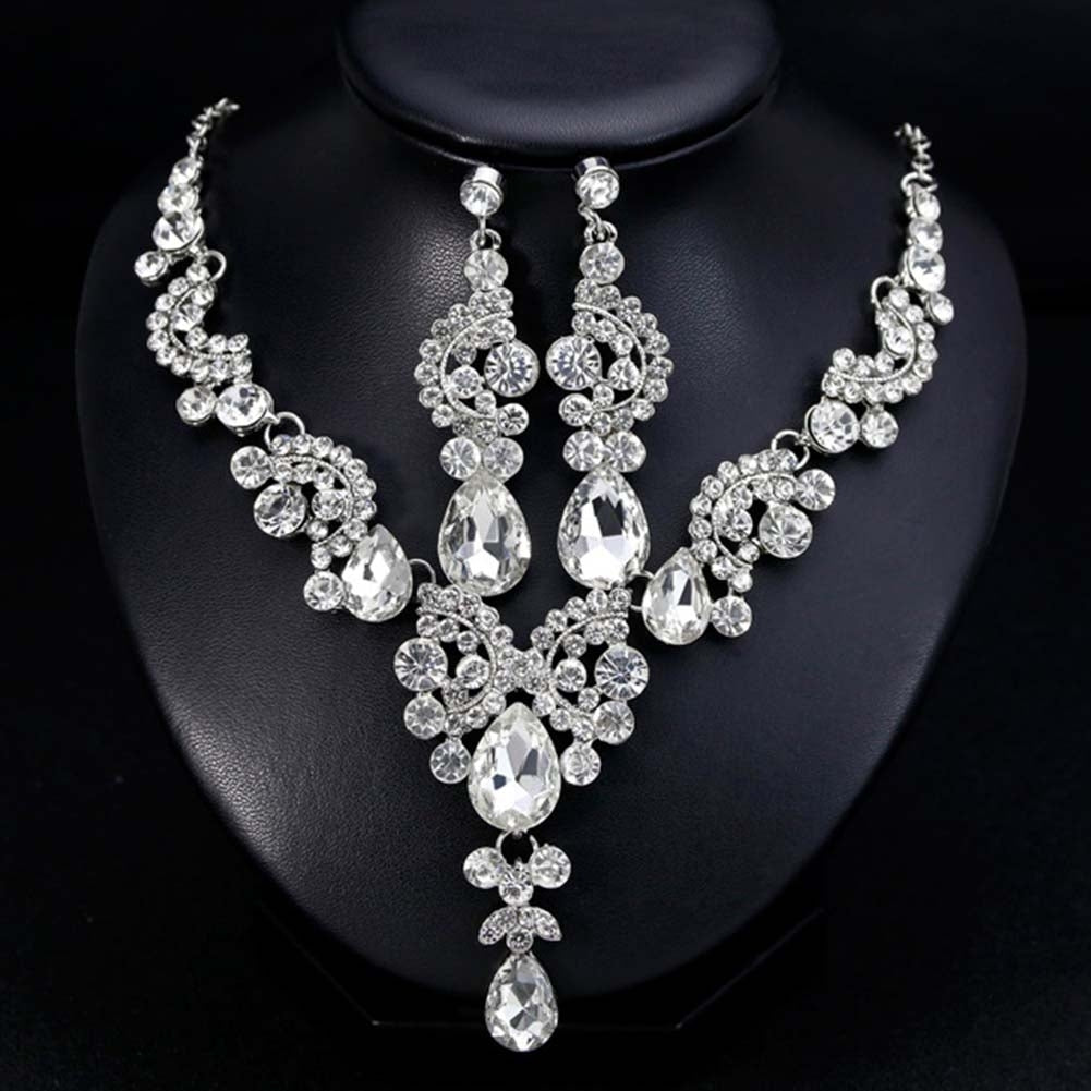 2Pcs Luxury Full Rhinestone Semicircle Charm Bridal Stud Earrings Necklace Image 10