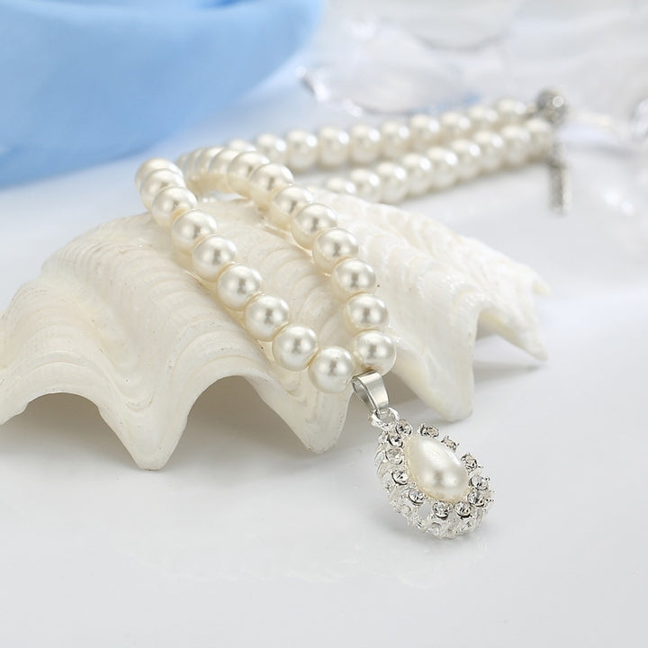Water Drop Faux Pearl Beaded Rhinestone Bridal Necklace Earrings Jewelry Set Image 6