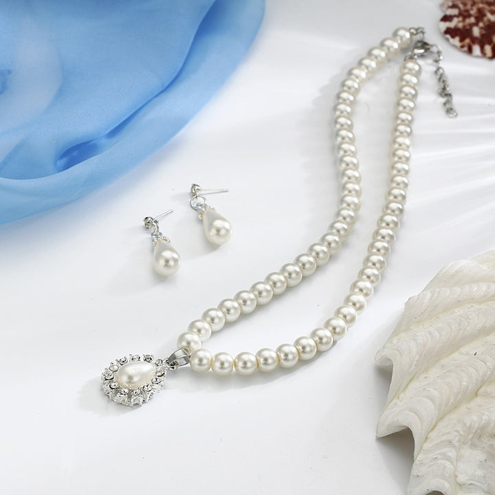 Water Drop Faux Pearl Beaded Rhinestone Bridal Necklace Earrings Jewelry Set Image 7