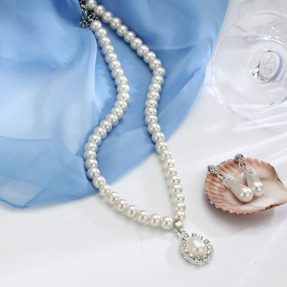 Water Drop Faux Pearl Beaded Rhinestone Bridal Necklace Earrings Jewelry Set Image 10