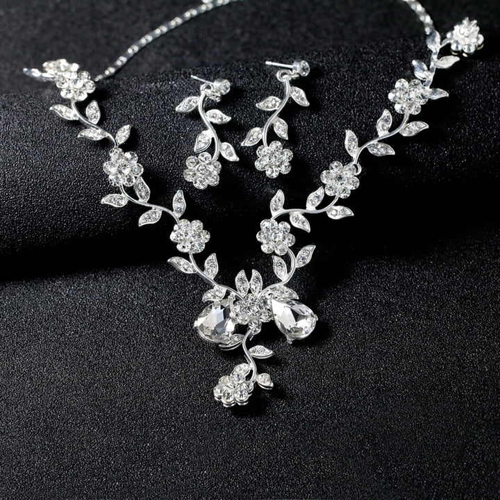 Women Rhinestone Leaves Flower Necklace Stud Earrings Wedding Bridal Jewelry Set Image 3