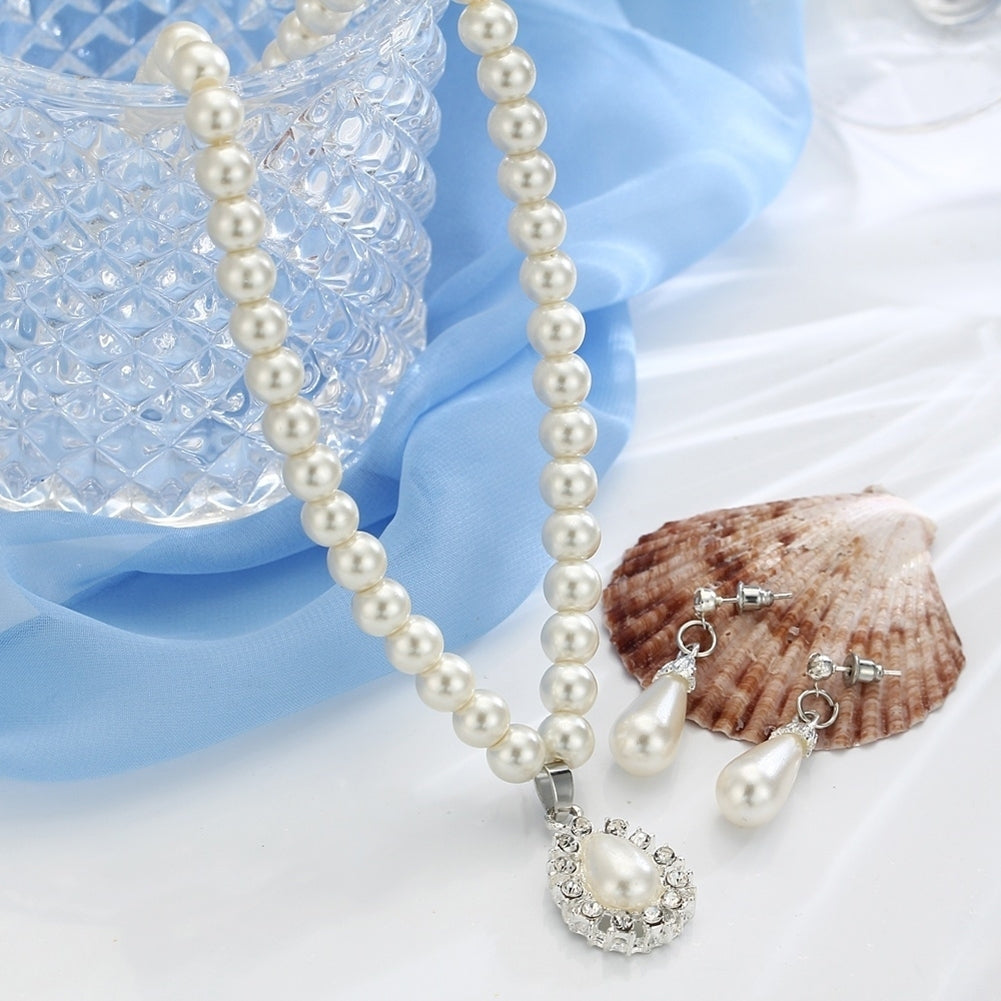 Water Drop Faux Pearl Beaded Rhinestone Bridal Necklace Earrings Jewelry Set Image 11