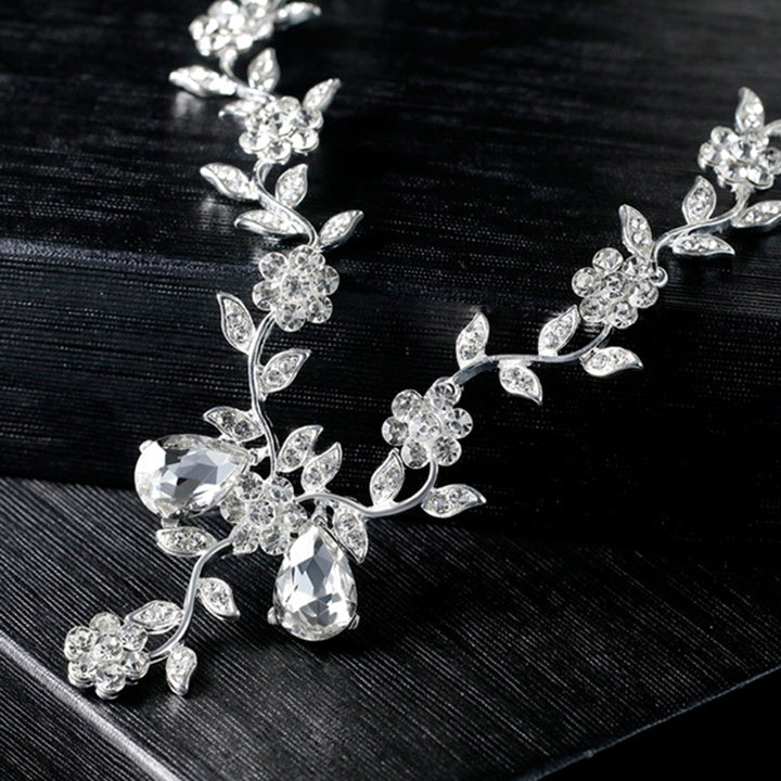 Women Rhinestone Leaves Flower Necklace Stud Earrings Wedding Bridal Jewelry Set Image 4