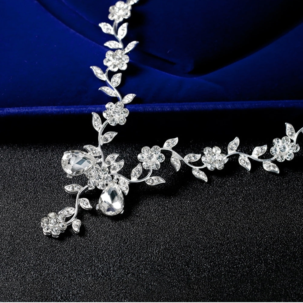 Women Rhinestone Leaves Flower Necklace Stud Earrings Wedding Bridal Jewelry Set Image 6