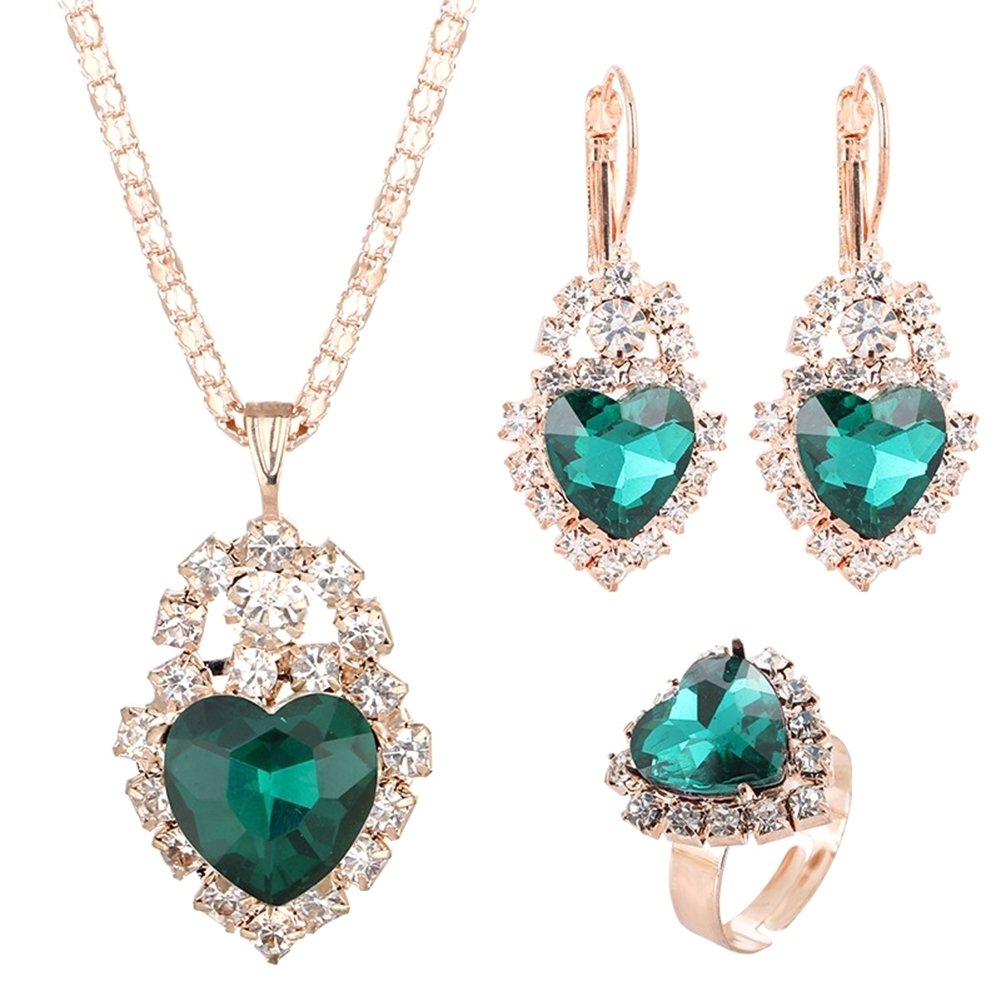 Wedding Heart Pendant Rhinestone Inlay Necklace Earrings Ring Bridal Jewelry Set Image 3