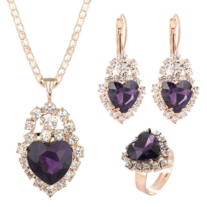 Wedding Heart Pendant Rhinestone Inlay Necklace Earrings Ring Bridal Jewelry Set Image 4