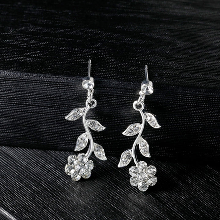 Women Rhinestone Leaves Flower Necklace Stud Earrings Wedding Bridal Jewelry Set Image 7