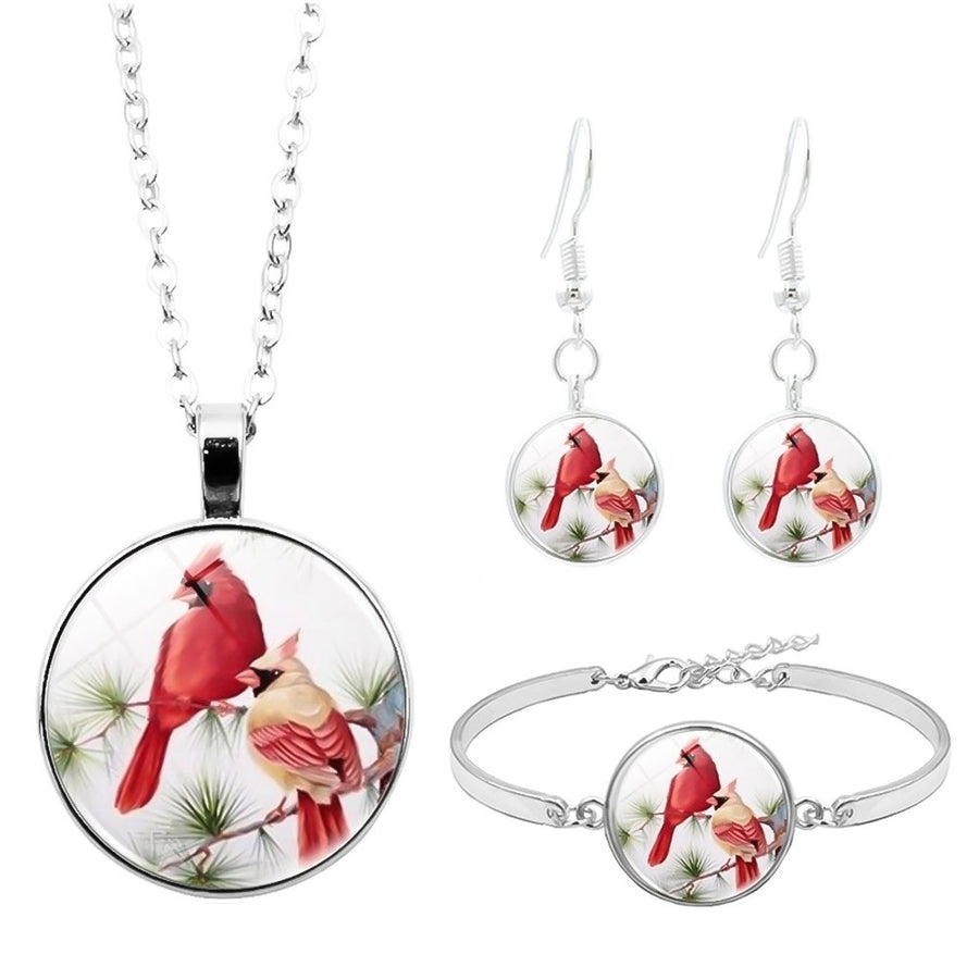 3Pcs Cardinal Bird Glass Cabochon Pendant Women Necklace Bracelet Earrings Image 1