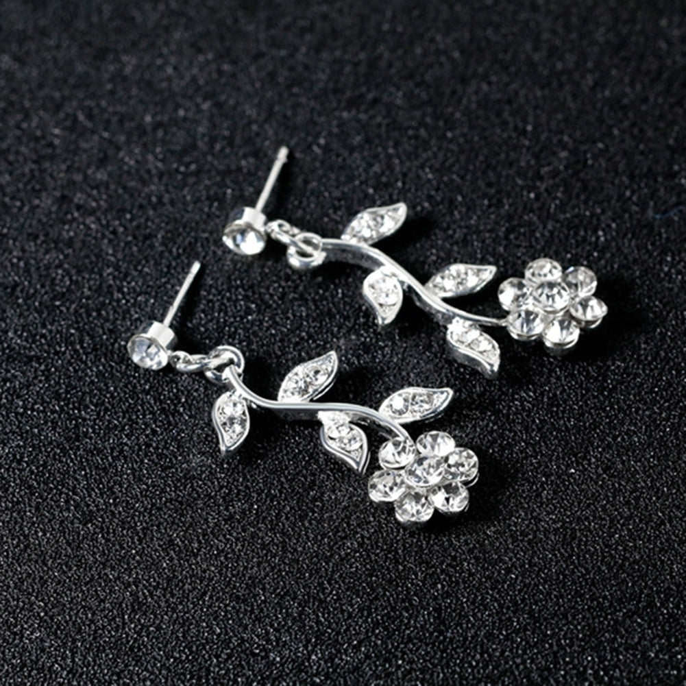 Women Rhinestone Leaves Flower Necklace Stud Earrings Wedding Bridal Jewelry Set Image 8