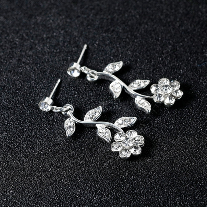 Women Rhinestone Leaves Flower Necklace Stud Earrings Wedding Bridal Jewelry Set Image 8